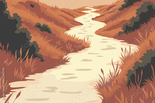 Winding country path through autumn grass and bushes, warm flat vector landscape illustration of rural nature trail, evening walk and tranquil countryside background.