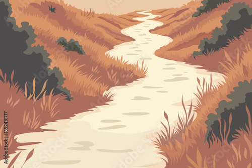 Winding country path through autumn grass and bushes, warm flat vector landscape illustration of rural nature trail, evening walk and tranquil countryside background.
