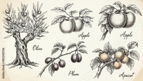 Vintage Illustrations of Various Fruit Trees.