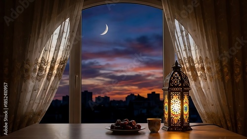 Ramadan lantern and dates by window with crescent moon at dusk creating a peaceful evening home scene with warm light and calm islamic atmosphere