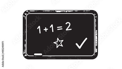 Chalkboard with a basic math equation, star and checkmark in a classroom setting for educational demonstration.