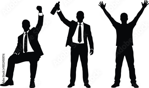 Successful businessmen silhouette celebrating victory, leadership achievement teamwork motivation concept, confident corporate professionals raising hands isolated vector illustration