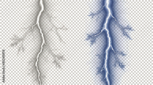 Transparent PNG Pair of Realistic White and Blue Vertical Lightning Bolts.