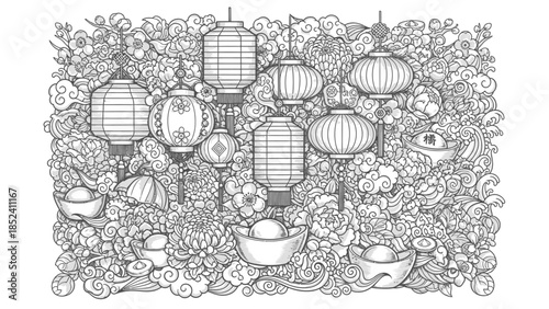 Intricate monochrome illustration featuring chinese lanterns and floral elements pattern