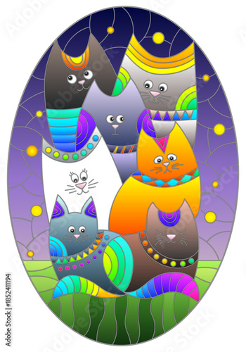 Illustration in the style of a stained glass window with bright cats on the background of the night sky with the moon and stars