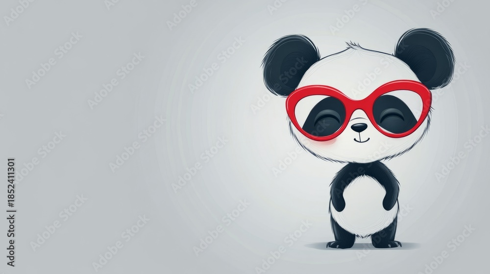 Fototapeta premium Cute smiling panda wearing red glasses illustration, copy space