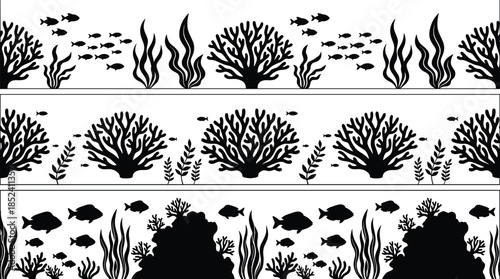 Underwater coral reef silhouette borders set, marine life fish seaweed ocean plants, aquarium nature decoration isolated vector illustration