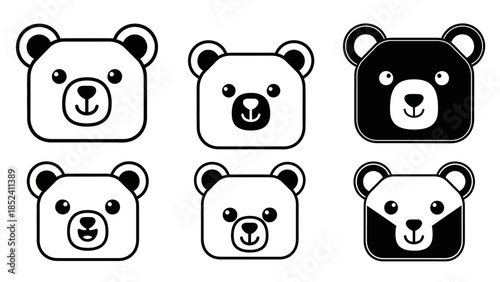Collection of Vector Cute Bear Faces Icons, Different Designs and Expressions for Children Designs