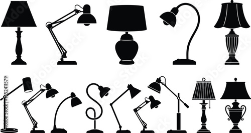 Table and desk lamp silhouettes collection, vintage adjustable lighting designs set, interior home office decor isolated on white background vector