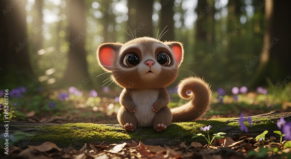 Fototapeta premium Adorable Bush Baby in Enchanted Forest - A Whimsical Wildlife Portrait.