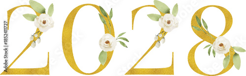 Botanical Year 2028 Numbers with White Blooms and Green Leaves