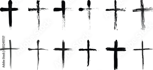Hand drawn grunge Christian cross brush stroke set, black ink crucifix symbols on white background.