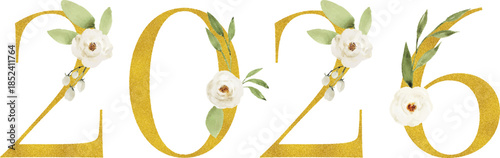 Botanical Year 2026 Numbers with White Blooms and Green Leaves