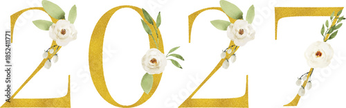 Floral Numbers 2027 with White Flowers and Gold Typography