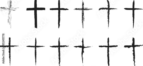 Hand drawn grunge Christian cross brush stroke set, black ink crucifix symbols on white background.