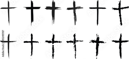 Hand drawn grunge Christian cross brush stroke set, black ink crucifix symbols on white background.