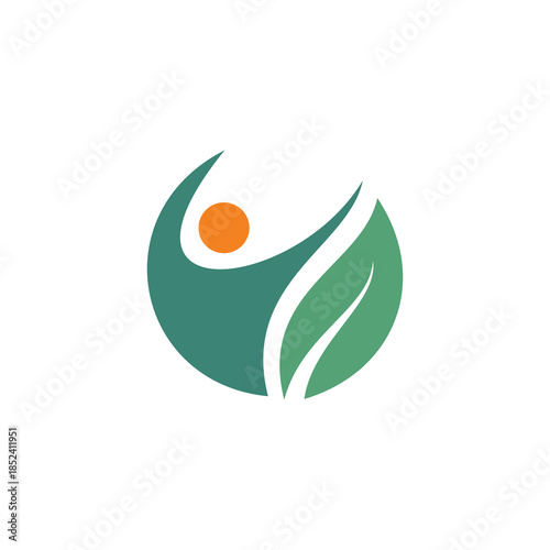 A minimalist circular logo featuring an abstract green human figure with an orange head, integrated with leaf-like shapes on a white background.