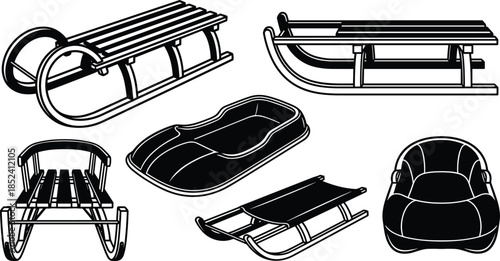 Winter sled silhouettes collection, wooden sledges and snow toboggans set, seasonal outdoor recreation equipment isolated on white background vector illustration
