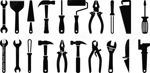 Collection of handyman hand tool silhouettes, construction repair hardware icons, carpenter workshop equipment symbols, industrial maintenance tool set, isolated black vector illustrations,