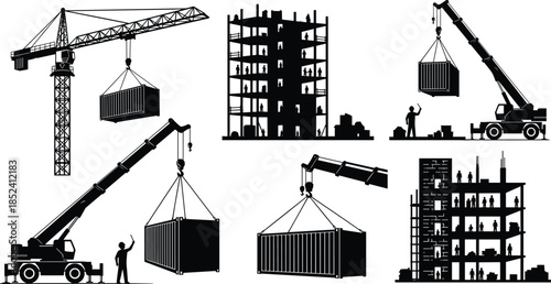 Construction crane and building silhouettes set, tower crane lifting containers at construction site, high rise structure development, industrial engineering scene, flat vector illustration isolated