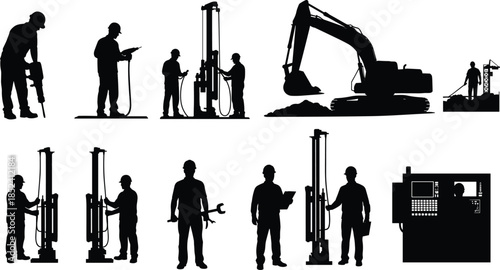 Construction drilling and excavation worker silhouettes set, industrial foundation machinery and engineering equipment collection, heavy labor scene, black and white vector illustration