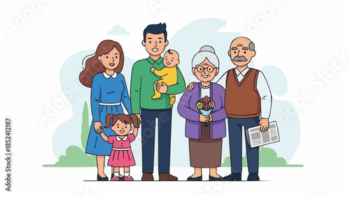 Happy Family with Grandparents and Children.