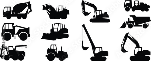 Construction machinery silhouette icons set, heavy equipment vehicles collection including excavator bulldozer loader truck, industrial engineering tools, flat vector illustration isolated