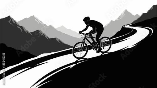 Cyclist Riding Bike on Winding Road.