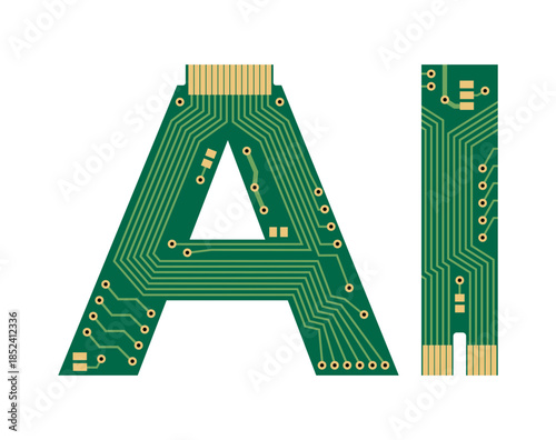 Printed circuit board in shape of letters AI. Fonts illustrating artificial intelligence.