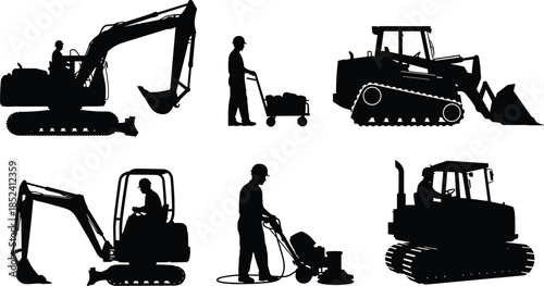 Construction machinery silhouettes collection, excavator and bulldozer equipment, machine operators at work, industrial labor scenes, black vector illustration for engineering projects