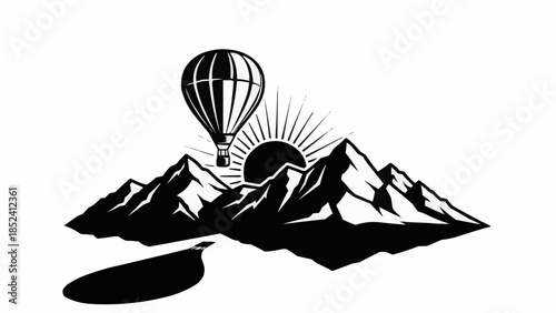 Hot Air Balloon Over Mountains Illustration.
