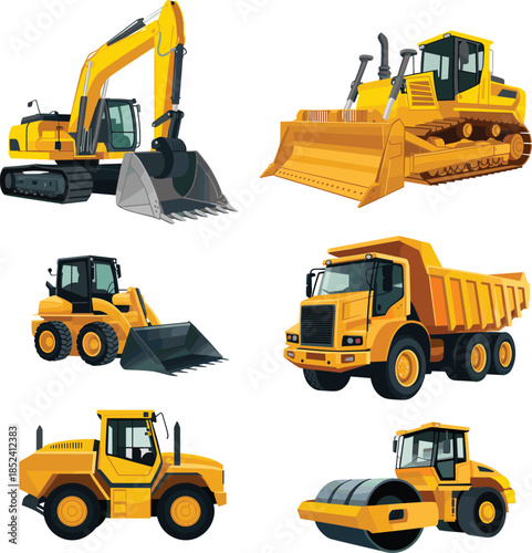 Construction machinery vector illustration set featuring excavator bulldozer loader dump truck roller heavy equipment isolated on white background design icons