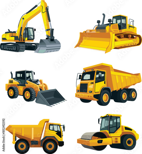 Construction machinery vector illustration set featuring excavator bulldozer loader dump truck roller heavy equipment vehicles isolated white background design icons