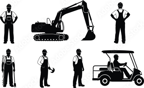 Construction worker silhouettes and excavator machine set, industrial labor characters and utility vehicle collection, building site elements, black and white vector illustration