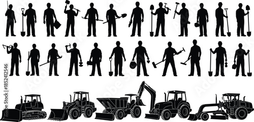 Construction worker silhouettes and heavy machinery set, industrial labor tools and vehicles collection, building industry elements, black and white vector illustration