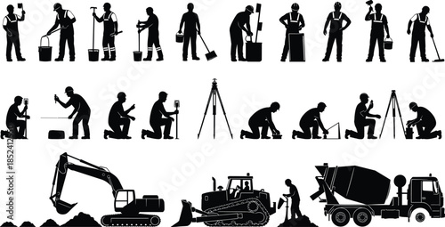 Construction worker silhouettes set showing road work, surveying, heavy machinery, concrete pouring, excavation activities, flat vector illustration for construction industry and engineering concepts