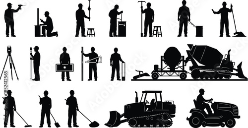 Construction workers and machinery silhouettes set, building tools surveying equipment and heavy vehicles collection, industrial labor scenes, black and white vector illustration