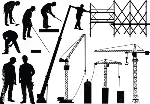 Construction workers and tower crane silhouettes set, scaffolding assembly and lifting operations, industrial building site activities, engineering workforce concept, flat vector illustration isolated
