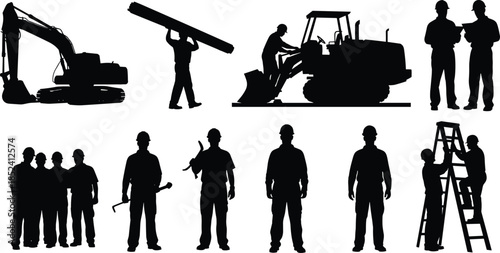 Construction worker silhouettes with heavy machinery, teamwork scenes, safety helmets, building site activities, flat vector illustration for construction industry and engineering concepts