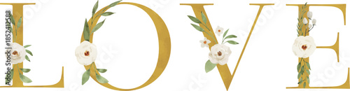 Love Typography with White Flowers and Gold Letters - Botanical Design
