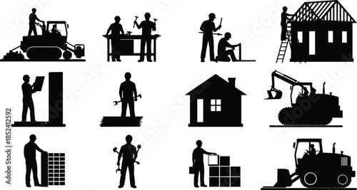 Construction workers silhouettes set, house building activities, carpentry and masonry work, heavy machinery equipment, industrial labor workflow, black flat vector illustration