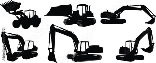 Excavator and loader machinery silhouette icons set, heavy construction equipment collection, industrial earthmoving vehicles, engineering and mining concept, flat vector illustration isolated
