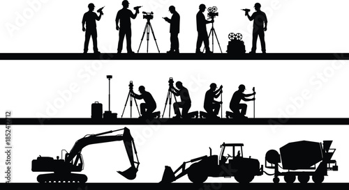 Film crew and construction machinery silhouettes collection, video production professionals with heavy equipment, cinema industry concept, black and white vector illustration