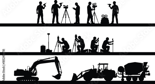 Film crew and construction machinery silhouettes set, video production professionals and heavy equipment lineup, cinema industry concept, black and white vector illustration