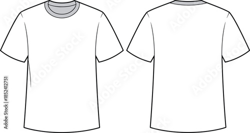 Front and back t shirt template, cad drawing flat vector illustration, blank apparel mockup, technical fashion outline, isolated white background