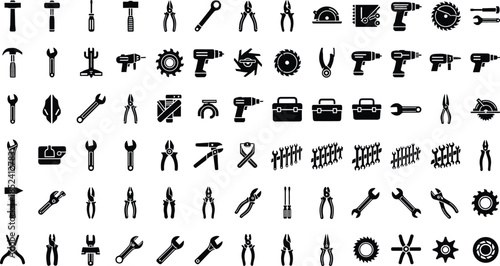 Hand tools icon set vector illustration, construction repair and mechanical equipment symbols collection for industrial workshop engineering design use