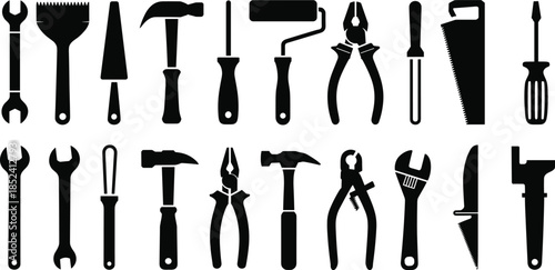 Hand tools silhouette icons set, wrench hammer screwdriver saw pliers collection, construction and repair equipment symbols, workshop essentials, flat vector illustration isolated