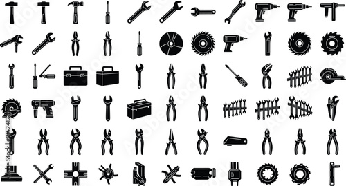 Hand tools silhouette vector icon set, repair construction and mechanical equipment collection for industrial workshop engineering maintenance and hardware design use
