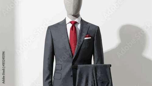 Mannequin dressed in formal gray suit attire.