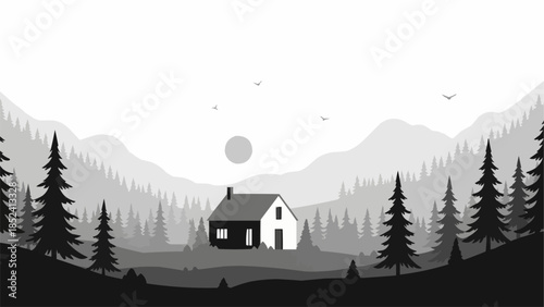 White House in Forest Landscape Illustration.